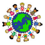Cartoon children of different nationalities are on the planet holding hands